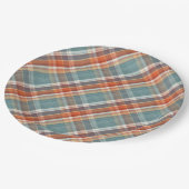 モダンティール（緑がかった色）濃い青オレンジ色の白い格子縞模様 ペーパープレート (アングル)