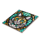 モダンティール(緑がかった色)猫ステンドグラスイラストレーション タイル (側面)