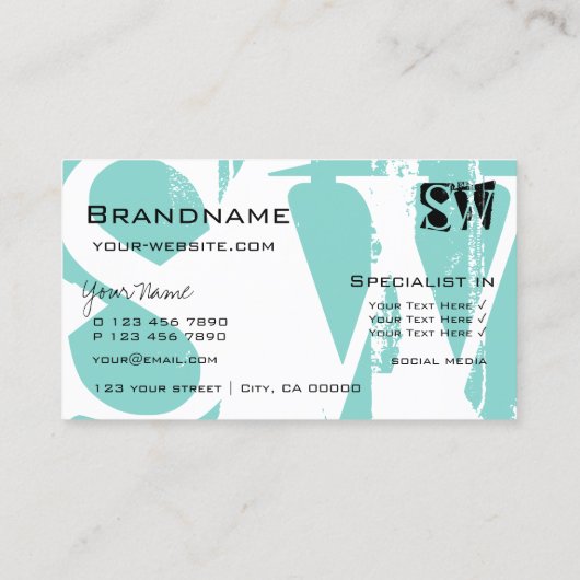 モダンティール（緑がかった色）白と黒、イニシャル付きスタイリッシュ 名刺 (裏面)