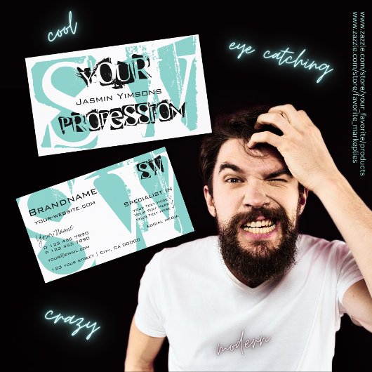 モダンティール(緑がかった色)白と黒、イニシャル付きスタイリッシュ 名刺