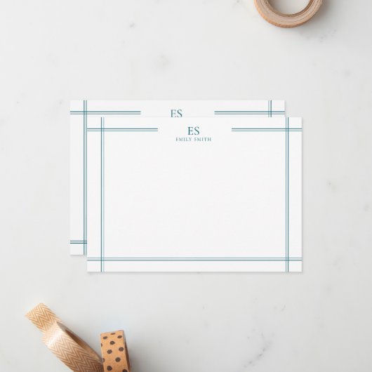 モダンティール（緑がかった色）線モノグ縁どラム ノートカード (正面/裏面インサイチュ)