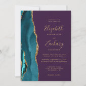 モダンティール（緑がかった色）金ゴールドアガテパープル結婚ズ 招待状 (正面)