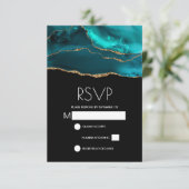 モダンティール（緑がかった色）&金ゴールドアガートストーン抽象芸術結婚ズ 出欠カード (スタンド正面)