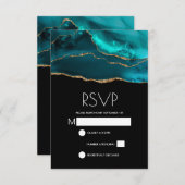 モダンティール（緑がかった色）&金ゴールドアガートストーン抽象芸術結婚ズ 出欠カード (正面/裏面)