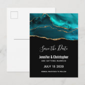 モダンティール（緑がかった色）&金ゴールドアガートストーン日付を保存 インビテーションポストカード (正面/裏面)