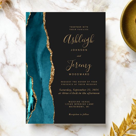 モダンティール(緑がかった色)金ゴールドアガートダーク結婚ズ 招待状