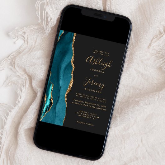 モダンティール(緑がかった色)金ゴールドアガートダーク結婚ズ 招待状
