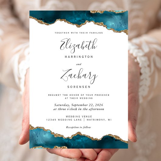 モダンティール（緑がかった色）金ゴールドアガ結婚ート 招待状