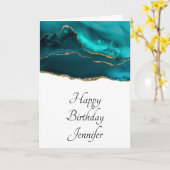 モダンティール(緑がかった色)&金ゴールドアゲートとホワイト誕生日 カード (黄色い花)