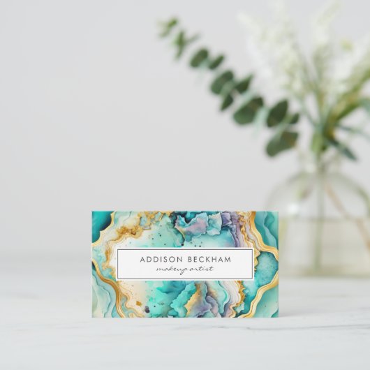 モダンティール（緑がかった色）金ゴールドカラフル抽象芸術水色 名刺 (スタンド正面)