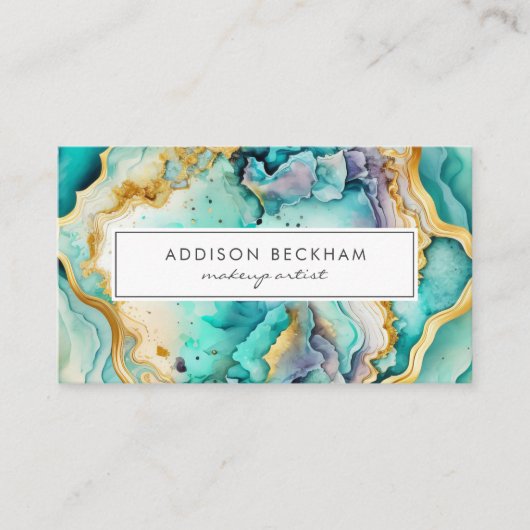 モダンティール（緑がかった色）金ゴールドカラフル抽象芸術水色 名刺 (正面)