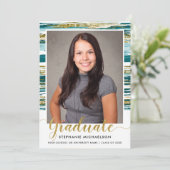 モダンティール（緑がかった色）金ゴールドグリッターブラシ画卒業 案内状 (スタンド正面)