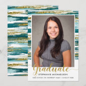 モダンティール（緑がかった色）金ゴールドグリッターブラシ画卒業 案内状 (正面/裏面)