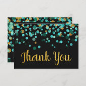 モダンティール（緑がかった色）金ゴールドグリッター紙吹雪ブラックサンキューユー サンキューカード (正面/裏面)