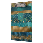 モダンティール（緑がかった色）、金ゴールドブラシ筆及びモノグラム クリップボード (左)