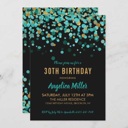 モダンティール(緑がかった色)金ゴールドブラックグリッター紙吹雪誕生日 招待状 (正面/裏面)