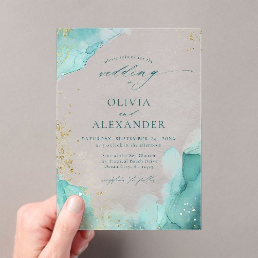 モダンティール（緑がかった色）金ゴールド抽象芸術ビーチ結婚式 アクリル招待状 (インサイチュ (ポータブル))