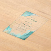 モダンティール（緑がかった色）金ゴールド抽象芸術ビーチ結婚式 アクリル招待状 (レイダウン)