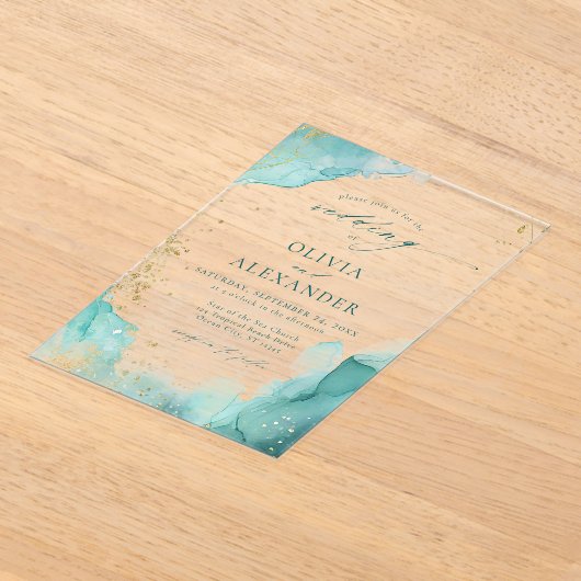 モダンティール（緑がかった色）金ゴールド抽象芸術ビーチ結婚式 アクリル招待状 (レイダウン)