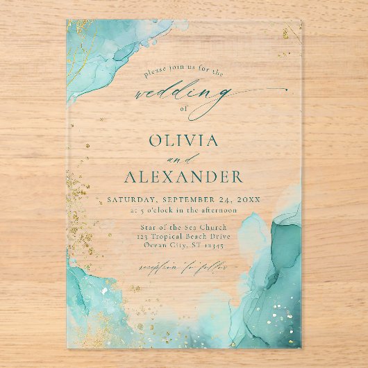 モダンティール(緑がかった色)金ゴールド抽象芸術ビーチ結婚式 アクリル招待状 (正面)
