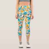 モダンティール（緑がかった色）青オレンジ色フローラ水彩模様 カプリレギンス (正面)