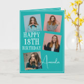 モダンティール（緑がかった色）4フォトコラージュ18誕生日 カード (黄色い花)