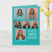 モダンティール（緑がかった色）6フォトコラージュ18誕生日 カード (黄色い花)
