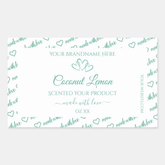 モダンティール（緑がかった色）White Word Cloud製品ラベルハート 長方形シール (正面)