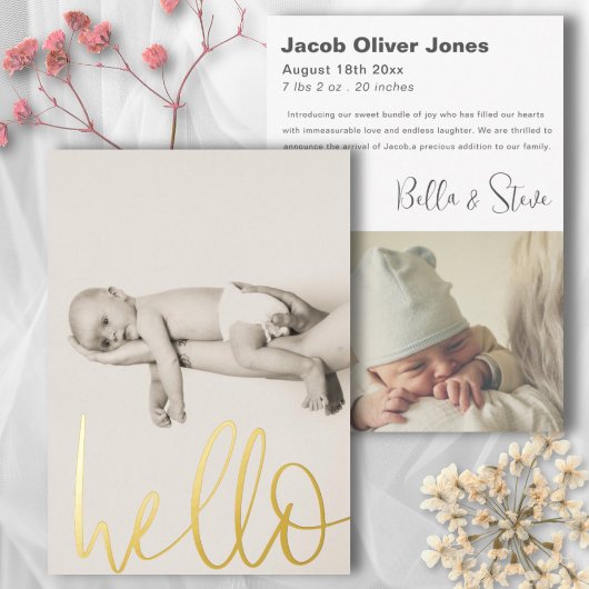 モダンテキストハローフォトベビーアナウンス 箔招待状