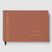 モダンテラコタ結婚ブラウンの名前の日付フォイル ゲストブック (正面)