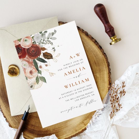 モダンテラコッタと緑の結婚式招待状 招待状