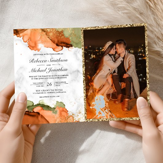 モダンテラコッタ抽象インクQRコード結婚式 招待状