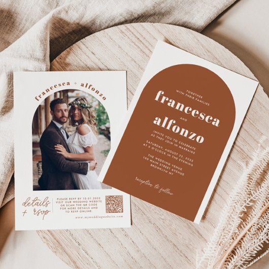 モダンテラコッタ詳細RSVP QR写真結婚s 招待状