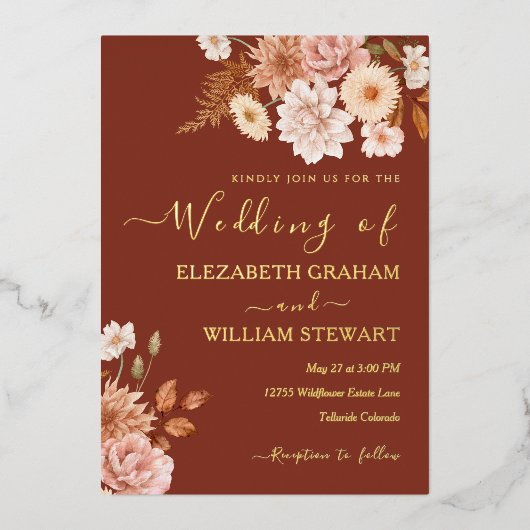 モダンテラ素朴コッタボホ秋の葉結婚色 箔招待状 (正面)