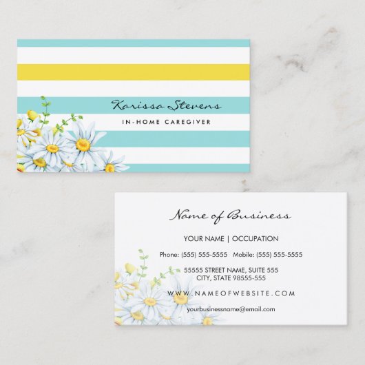 モダンデイジーアクアとイエローストライプ介護者 名刺 (正面/裏面)