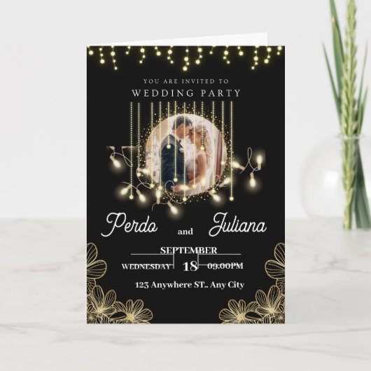 モダンデコエレガントブラックと金ゴールド結婚ズのインビタ 招待状 (正面)