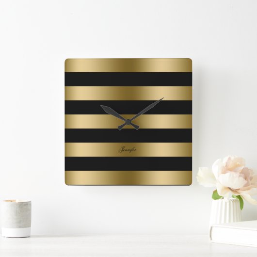 モダンデザインブラックと金ゴールドのパタストライプーン スクエア壁時計 (ホーム)