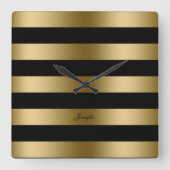 モダンデザインブラックと金ゴールドのパタストライプーン スクエア壁時計 (正面)