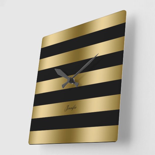モダンデザインブラックと金ゴールドのパタストライプーン スクエア壁時計 (傾斜)