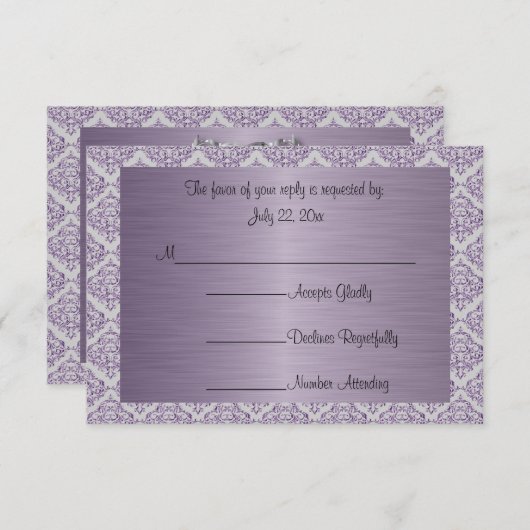 モダントレンディーの結婚アメジストパープルダマスク 出欠カード (正面/裏面)