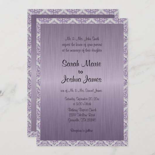 モダントレンディーの結婚アメジストパープルダマスク 招待状 (正面/裏面)