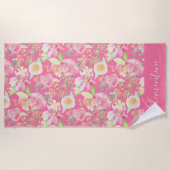 モダントレンディーイエローピンクフローラ水色 ビーチタオル (正面)