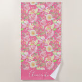 モダントレンディーイエローピンクフローラ水色 ビーチタオル (正面)