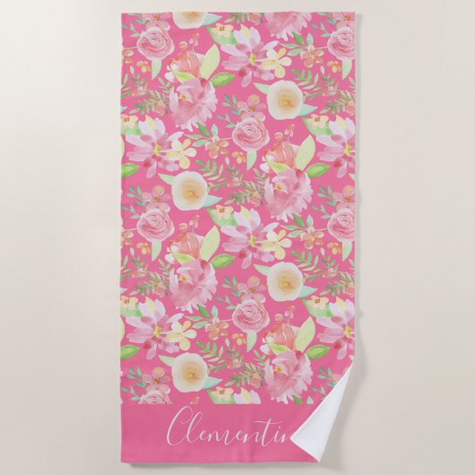 モダントレンディーイエローピンクフローラ水色 ビーチタオル (正面)