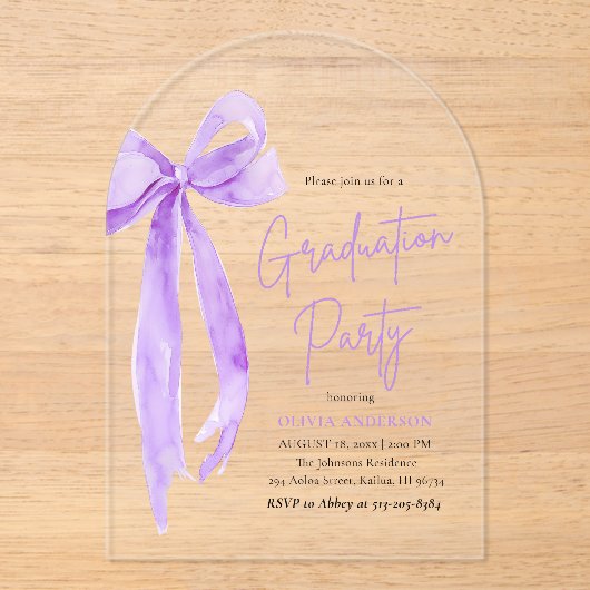 モダントレンディーエレガントパープルボウ卒業式アーチ アクリル招待状 (正面)