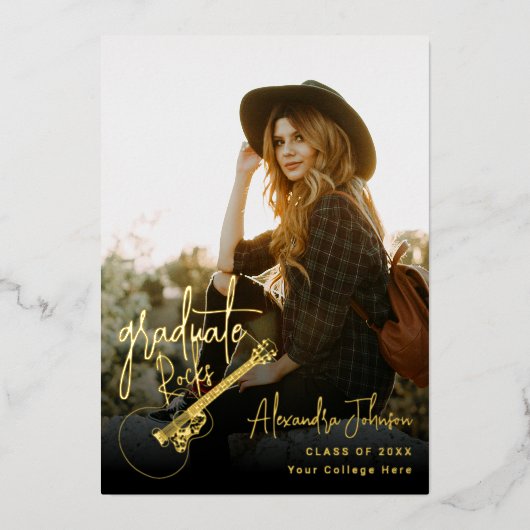 モダントレンディーカジュアル写真卒業パーティー金ゴールド 箔招待状 (正面)