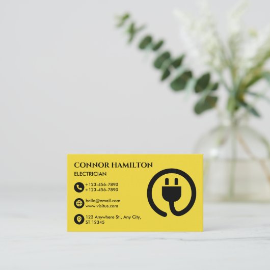 モダントレンディークールイエローケーブル電気技師 名刺 (スタンド正面)