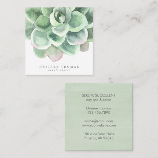 モダントレンディーグリーンウォーター色多肉正方形 スクエア名刺 (正面/裏面)