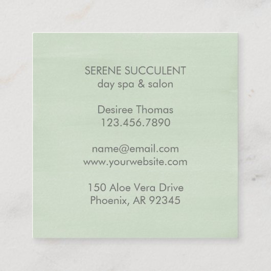 モダントレンディーグリーンウォーター色多肉正方形 スクエア名刺 (裏面)