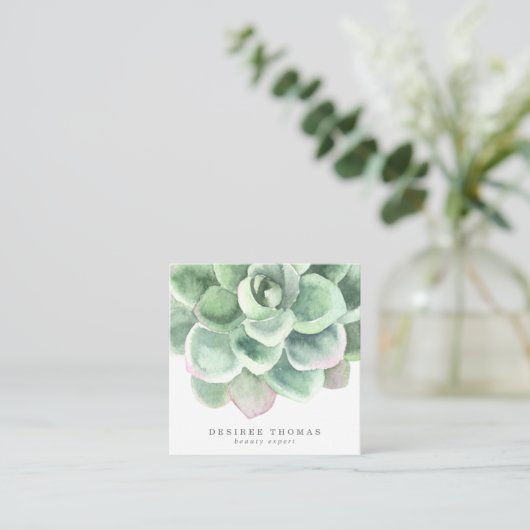 モダントレンディーグリーンウォーター色多肉正方形 スクエア名刺 (スタンド正面)